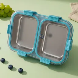 vsell Stainless Steel Lunch Box with Dual Compartments, Blue, for Office & School 2 Containers Lunch Box image 5