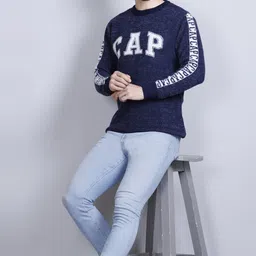 ewools Men Printed Round Neck Dark Blue Sweater image 4