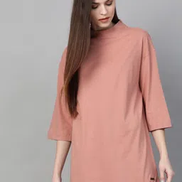 roadster Women Solid High Neck Pure Cotton Pink T-Shirt image 1
