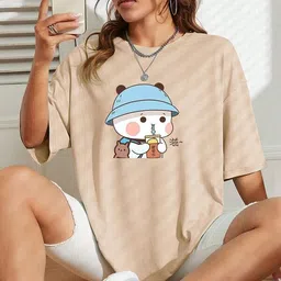 adam white Women Printed Round Neck Cotton Blend Beige T-Shirt-picture-16