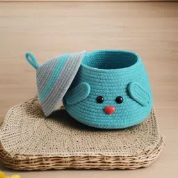 ambaenterprises Cotton Aqua Colour Puppy Cotton Rope Basket with Lid – Cute Kids Storage Organizer Storage Basket image 5