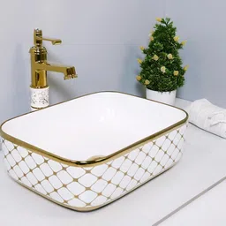 seikoware Ceramic Tabletop Wash Basin -Gold Living Room, Dining Area & Hotel | Premium Counter Washbasin | 16x13x5 Inch GR Counter Top image 5