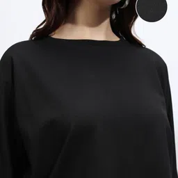 tokyo talkies Women Solid Round Neck Cotton Blend Black T-Shirt image 5