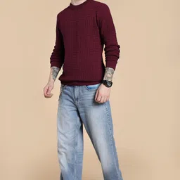 nikline Men Self Design Round Neck Maroon Sweater image 1