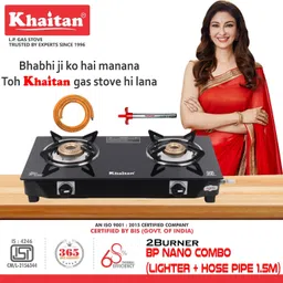 khaitan Gas Stove Combo - 2B Nano + 1 HF Lighter + 1 HF Hose pipe Glass Manual Gas Stove-picture-28