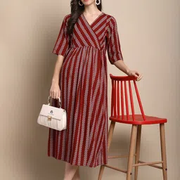 aamara Women Maxi Maroon, White Midi/Calf Length Dress-picture-10