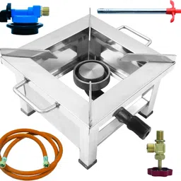 cay Single Burner Stainless Steel Square Gas Stove/Bhatti with Fitted Brass Nut Hose Pipe, High Pressure Regulator, Valve and Gas Lighter Stainless Steel Manual Gas Stove-picture-10