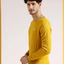 the indian garage co. Men Self Design Crew Neck Yellow Sweater image 2