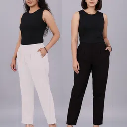 solid stitching Pack of 2 Women Regular Fit Black, White Pure Cotton Trousers-picture-12