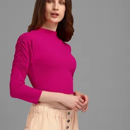 purvaja Casual Regular Sleeves Solid Women Pink Top image 4