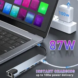 Sancy 8 in 1 USB Aluminum Type C Adapter with 4K HDMI Port 8-in-1 USB-C hub with HDMI and USB 3.0 ports 2 USB-C ports Fast Charging, SD/TF Card Reader,RJ45 Ethernet image 4