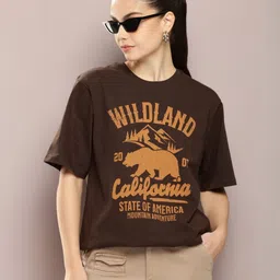dillinger Women Printed Round Neck Pure Cotton Brown T-Shirt-picture-17