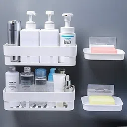 akey 2 Bathroom Shelves+2 Soap Dish Adhesive Bathroom Shelf Plastic Wall Shelf-picture-14