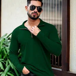 indiclub Men Solid Polo Neck Polycotton Green T-Shirt-picture-11