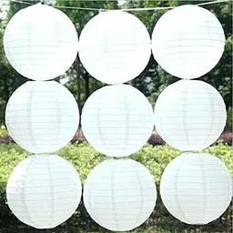 shuang you 10 Pc RoundPaper Hanging Lantern (25 cm X 25 cm, Pack of 10) White Paper Hanging Lantern image 3
