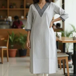 classystreet Women Embroidered, Striped Cotton Blend Straight Kurta image 1