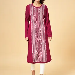 RANGMANCH BY PANTALOONS Women Maroon Geometric Woven Design Straight Fit Kurta-picture-20