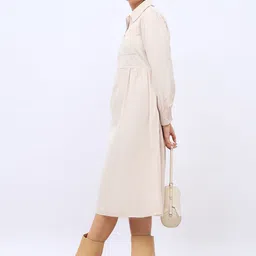 Styli Beige Front Zipper Shirt Collar Puffed Sleeves Cotton A-Line Midi Dress-picture-25
