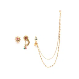 JEWELS GEHNA Set of 3 Gold-Toned CZ Studded & Beaded Nose Pins image 1