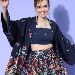 Berrylush Women Navy Blue Floral Print Co-Ord Set With Kimono-picture-11