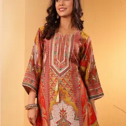 Varanga Women Ethnic Motifs Printed Regular Gotta Patti Chanderi Silk Kurta Trousers-picture-26