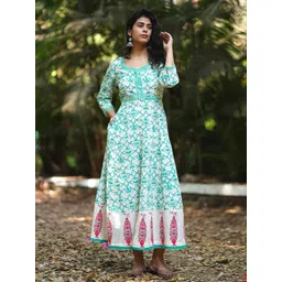Chidiyaa MMG Chamomiles Calm Teal Green Block Printed Cotton Dress-picture-21