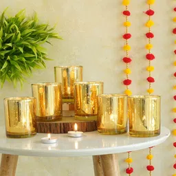 TIED RIBBONS Pack of 6 Gold-Toned Murcury Glass Tealight Candle Holder-picture-32