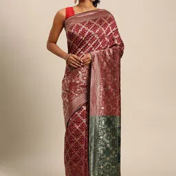 Leeza Store Maroon & Golden Ethnic Motifs Zari Fusion Bandhani Saree-picture-35