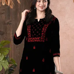 ADA Women Black & Red Chikankari Hand Embroidered Pure Cotton Straight Sustainable Handloom Kurti-picture-33