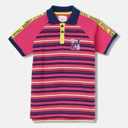 Blue Giraffe Boys Pink & Blue Striped Polo Collar Pure Cotton T-shirt-image-17