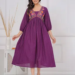 SARAI CREATIONS Cotton Dobby Purple Thread Embroidered A Line Midi Dress-image-58