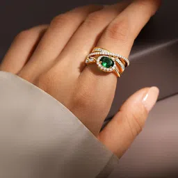 Rubans 18K Gold Plated Emerald Green & Cubic Zirconia Studded Adjustable Statement Ring-picture-10