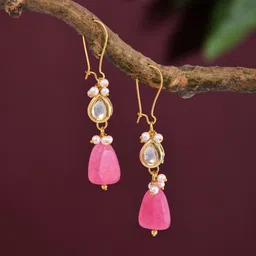 Anvik Gold-Plated Artificial Stone Studded And Beaded Contemporary Shaped Drop Earrings image 5