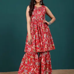 Varanga Women Floral Printed Regular Thread Work Pure Cotton Kurta with Sharara image 3