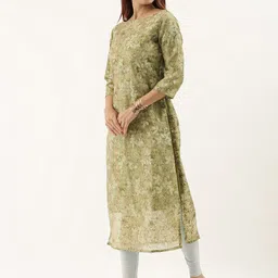 Ethnovog Women Olive Green Floral Printed Straight Kurta image 3