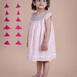 Little Llama Girls Floral Printed Flutter Sleeve Pure Cotton A-Line Dress image 4