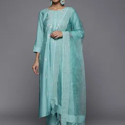 Varanga Women Blue Ethnic Motifs Embroidered Sequinned Kurta with Trousers & With Dupatta image 3