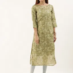Ethnovog Women Olive Green Floral Printed Straight Kurta image 4