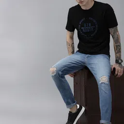 Roadster Men Black & Blue Brand Logo Printed Pure Cotton T-shirt image 5
