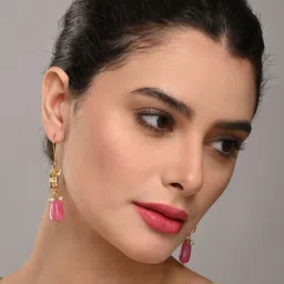 Anvik Gold-Plated Artificial Stone Studded And Beaded Contemporary Shaped Drop Earrings image 2