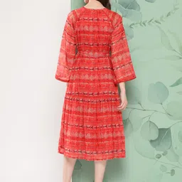 Nayam By Lakshita Printed Tie-Up Neck Bell Sleeve Chiffon A-Line Midi Dress image 4