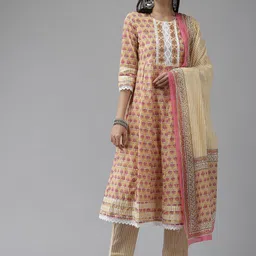 Amirah s Women Mustard Yellow Ethnic Motifs Printed Cotton Kurta with Trousers & Dupatta image 1