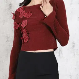 Shein Boat Neck Floral Applique Shimmer Short Top-picture-52