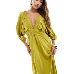 asos design Plunge Elastic Tea Maxi Shift Dress with Ruched Waist image 3