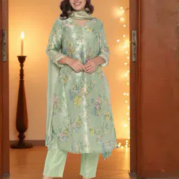Women Floral Woven A-Line Kurta with Pants & Dupatta image 1