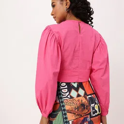 DressBerry Chic Gathers Pleated Puff Sleeves Crop Blouson Top image 5