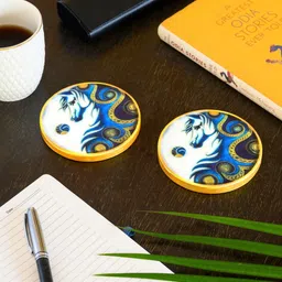 d'orable The Silver Stallion White & Blue (4 x 4 Inches) Marble (Set of 2) Coasters image 2