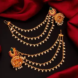 aadita Women Gold-Toned & Green Dome Shaped Jhumkas Earrings With Layered Hair Chain-picture-20