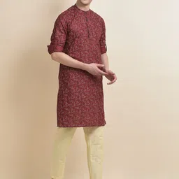 Anouk Maroon & Beige Floral Printed Band Collar Kurta With Pyjamas-image-41