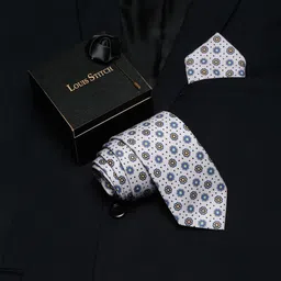 LOUIS STITCH Men Off White Printed Italian Silk Formal Tie Accessory Gift Set-picture-19